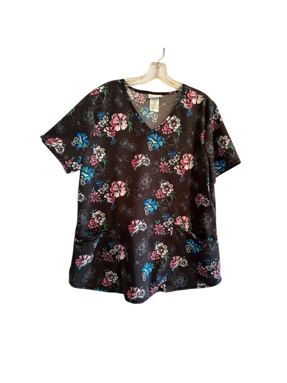 Scrubstar Nurse Scrub Top Womens Large Multicolor Floral Shirt With Pockets